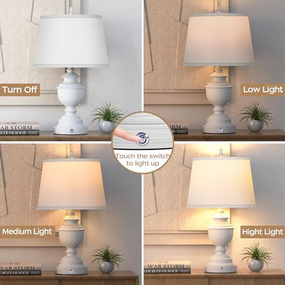 Table Lamps Set of 2, Modern Farmhouse Nightstand Lamp with USB Ports, 3-Way Dimmable Touch Control Washed White Bedside Lamps with Off-White Linen Shade for Bedroom Living Room, Bulbs Included | Smart touch, Easy Assembly, Energy-saving LED bulbs, Vintag