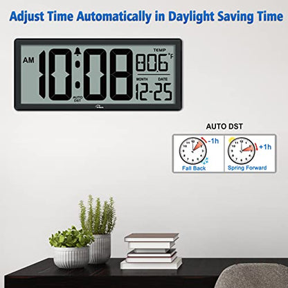 14.5'' Large Digital Wall Clock Battery Operated | Jumbo Numbers, Temperature and Date, Easy to Read and Set, Auto DST, Large Display for Garage, Office, Classroom - color: Black