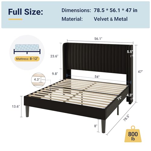 Allewie Full Size Velvet Bed Frame/Vertical Channel Tufted Wingback Headboard/Upholstered Platform Bed/Strong Wooden Slats/No Box Spring Needed/Easy Assembly/Black - color: Black, size: Full