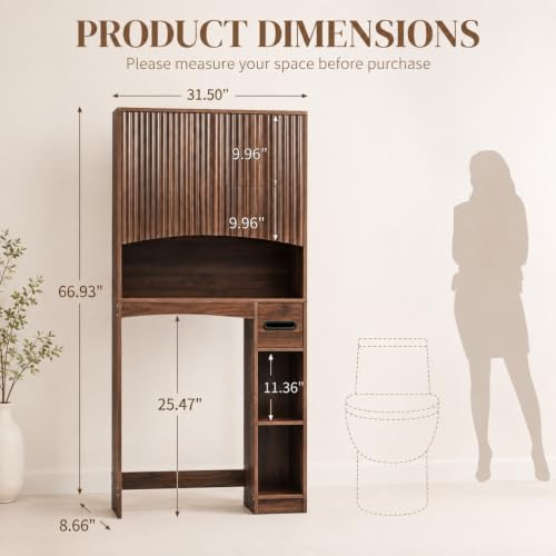VINGLI Over-the-Toilet Storage Cabinet, 31.5" W Dark Walnut Bathroom Space Saver with Fluted Curved Doors, Adjustable Shelf, Reversible Side Shelves, Toilet Paper Holder and Anti-Tip Kit - color: Dark Walnut, size: 8.7"D x 31.5"W x 67"H