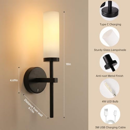 Shenmoyl Battery Operated Wall Sconces Set of 2, Black Rechargeable Wall Lighting Fixtures, Dimmable Wall Lights with Remote & Opal Glass Shade for Living Room, Bathroom,Bedroom - color: Black - Opal Glass