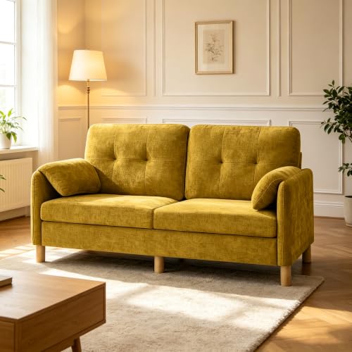 Mid Century Modern Couch, 65" Loveseat Sofa, Yellow | Storage Pockets, Upholstered Small Loveseat for Small Spaces, Bedroom, Home Office, Apartments - color: Yellow