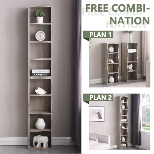 Skinny Tall Bookshelf, 8 Tiers Ultra Slim Bookshelf, Tall Narrow Bookcases, for Living Room, Office, Small Space, Adjustable Shelves, A Wavy Border Design, 11.6'' X 9.3'' X 70.9'' (Gray) - color: Grey
