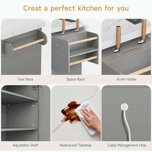60" Kitchen Island with Power Outlet & Drop Leaf, Rolling Island with Spice Rack & Towel Rack, Kitchen Island Cart with Trash Storage Cabinet, Island Table for Kitchen, Grey+Imitation Marble - color: Grey+imitation Marble