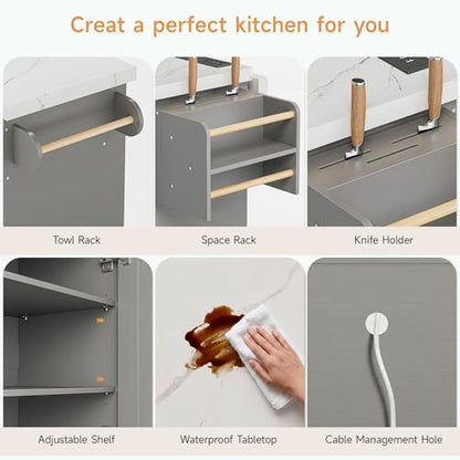 60" Kitchen Island with Power Outlet & Drop Leaf, Rolling Island with Spice Rack & Towel Rack, Kitchen Island Cart with Trash Storage Cabinet, Island Table for Kitchen, Grey+Imitation Marble - color: Grey+imitation Marble