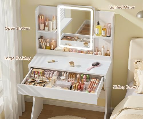 White Small Vanity Desk with Mirror and 3 Adjustable Light Modes | Dimmable Lighting, Multi Storage Area, Quick Assembly, CARB P2 Certified Material - color: White