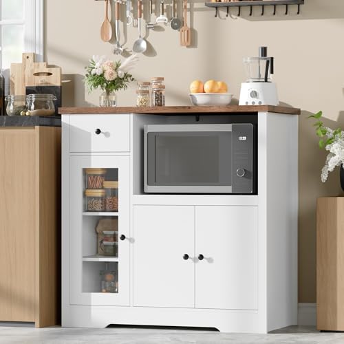 GarveeHome Kitchen Microwave Cabinet with Storage and Drawers, White | Modern Small Buffet Cabinet, Glass Doors, Adjustable Shelf, Wooden Sideboard, Wide Top, for Dining Room, Living Room - color: White