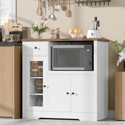 GarveeHome Kitchen Microwave Cabinet with Storage and Drawers, White | Modern Small Buffet Cabinet, Glass Doors, Adjustable Shelf, Wooden Sideboard, Wide Top, for Dining Room, Living Room - color: White