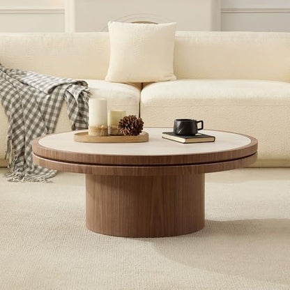 35.43 Round Coffee Table with Sintered Stone Tabletop & Sturdy Base, Modern MDF Circle Center Table Double Layer Tabletop Tea Table for Living Room, Easy Assembly - Walnut - color: 35.43" Coffee Table With Sintered Tabletop,walnut