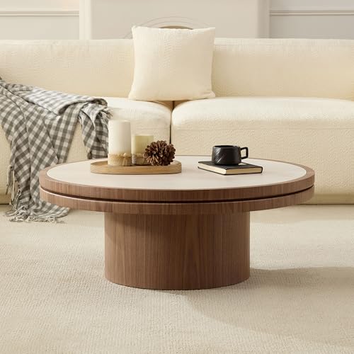 JUSTONE 35.43''Round Coffee Table,Farmhouse Wood Coffee Table for Living Room Apartment,Easy Assembly,Walnut(ø35.43'' x 13.78'') - color: 39.37'' - Walnut