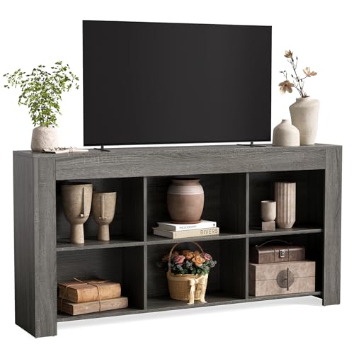 LITTLE TREE TV Stand with Storage, 63-Inch Entertainment Center with Shelves, Modern Media Console for Television up to 65" for Living Room, Bedroom, Gray + Dark Gray - color: Gray + Dark Gray
