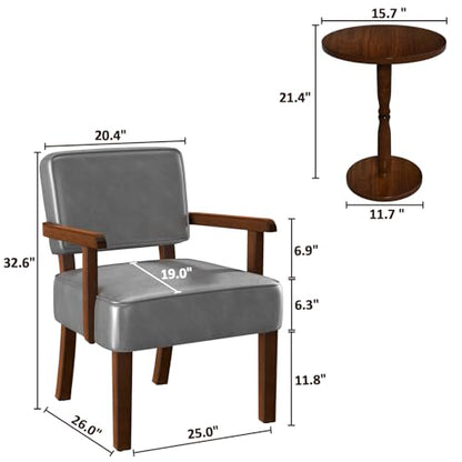 Accent Chairs Set of 2, 2 Solid Wood Armchairs with Side Table | Faux Leather Chair with Soft Thicken Cushion, Comfy Reading Chair for Bedroom, Waiting Room, Home Office, Easy Assembly - color: Faux Leather Gray, size: Set of 2 with table