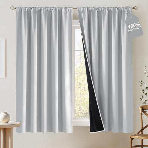 NICETOWN Greyish White 100% Blackout 63 inch Curtains for Bedroom, Rod Pocket Thermal Insulated Window Treatment Sound Reducing for Kids Room, W52 x L63, 2 Panels - color: Greyish White, size: 52"W x 63"L (Pack of 2)
