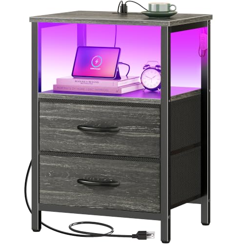 Huuger Night Stand with Charger Station and LED Lights, 2 Drawer Nightstand | Bed Side Table with Open ShelfEnd TableFabric Drawers for Bedroom, Charcoal Black - color: Charcoal Black, size: 11.8"D x 15.7"W x 23.6"H（2 Drawers）