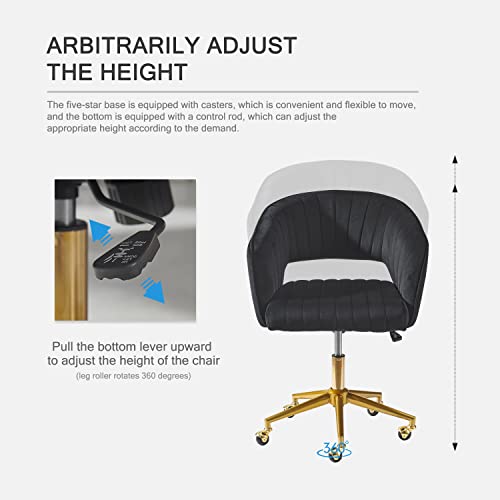 Velvet Office Desk Chair, Upholstered Home Office Desk Chairs with Adjustable Swivel Wheels, Ergonomic Office Chair for Living Room, Bedroom, Office, Vanity Study (Black) - color: Black