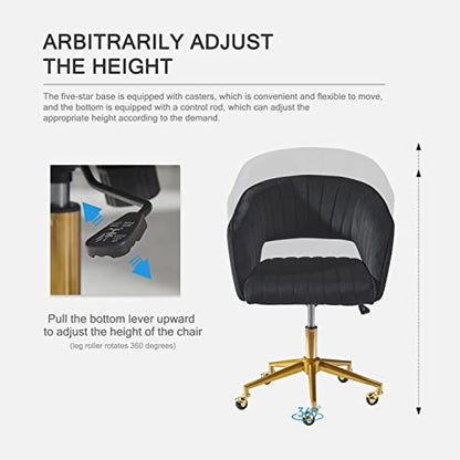 Velvet Office Desk Chair, Upholstered Home Office Desk Chairs with Adjustable Swivel Wheels, Ergonomic Office Chair for Living Room, Bedroom, Office, Vanity Study (Black) - color: Black