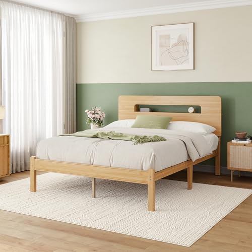 Solid Bamboo Wood Queen Bed Frame with Storage Headboard, 14 inch Platform Bed Frame Queen No Box Spring Needed with Steel Slats, Sturdy and Stable, Easy Assembly, Noise Free - color: Natural, size: Queen (U.S. Standard), style: 14 INCH