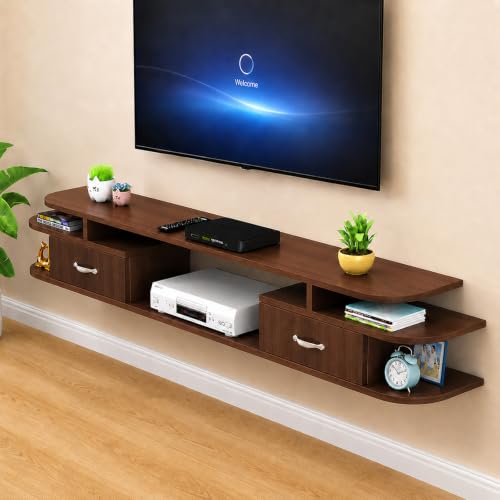 Floating TV Stand, 55" Wall Mounted Media Console for 50-55" TVs | Solid Wood Rounded Corner Dual-Layer Storage with 2 Drawers, Cable Management, Save Space for living rooms & family spaces - color: Walnut, size: 55.1"/140cm