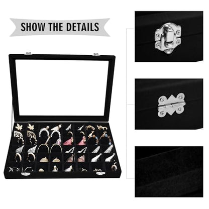 Siveit Velvet Jewelry Tray 48 Grid Jewelry Display Tray Organizer Box with Transparent Lid Rings Earrings Necklaces Pendants Display Box Suitable for Women and Girls (Black) - color: Black