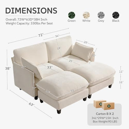 Ihanherry 72" Loveseat Sofa, Cloud Couch with Oversized Large Cushions & Movable Ottoman, Chenille Deep Seat Couch for Living Room, Beige - color: Beige Cream, size: 72'' Loveseat