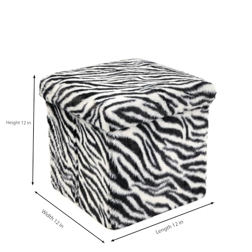 Luxe Faux Fur Storage Ottoman, Zebra Black/White, 12 x 12 x 12 in | Engineered Wood, Tool-Free Assembly, Modern Style, Seat And Footrest - color: Zebra Black/White, size: 12"D x 12"W x 12"H