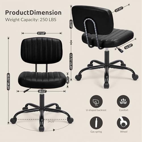 Swivel Rolling Office Chair, Armless Pu Leather Vanity Chair with Back Lumbar Support Height Adjustable Computer Chair, Small Desk Chair for Home Office, Black - color: Black