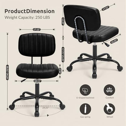 Swivel Rolling Office Chair, Armless Pu Leather Vanity Chair with Back Lumbar Support Height Adjustable Computer Chair, Small Desk Chair for Home Office, Black - color: Black