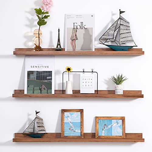 MBYD 48 Inch Wood Photo Picture Ledge Shelf, Light Walnut Wall Floating Nursery Book Shelves, Wall Mount Hanging Display Shelves for Bedroom Office Bathroom Living Room Décor, 3 Same Sizes - color: Light Walnut, size: Set of 3 48 in