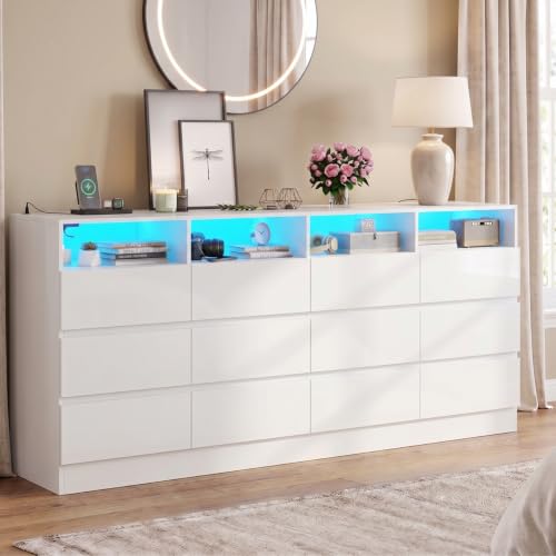 Gyfimoie 12-Compartment Divided Drawer Dresser w/Power Outlet, LED Light | Modern Dresser with 4 Open Cubbies, Spacious Chest of Drawers, and TV Stand Function for Living Room - color: White, size: 15.8"D x 63"W x 31.5"H (12 Drawers)