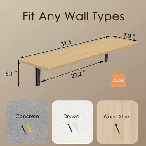 Long Wall Shelves, 31.5Inch Wooden Wall Mounted Shelves, Set of 2 | Floating Book Shelf with Metal Bracket, Easy Assembly, Max Load 22lbs, Wall Storage Ledges, Bedroom/Bathroom/Kitchen, Natural - color: Natural, size: 31.5 Inch