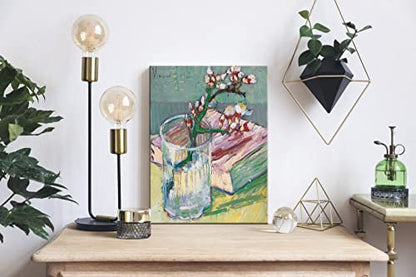 Wieco Art Canvas Prints of Blossoming Almond Branch in a Glass with a Book by Vincent Van Gogh Canvas Wall Art for Home Decor and Wall Decor Post-impressionism Pictures Artwork - size: 16"L x 12"W