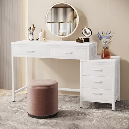 Tribesigns Vanity Desk with 5 Drawers, Makeup Vanity Table | Dressing Table with Side 3-Drawer Chest, Make Up Vanities for Women, Girls (Without Mirror), White - style: White