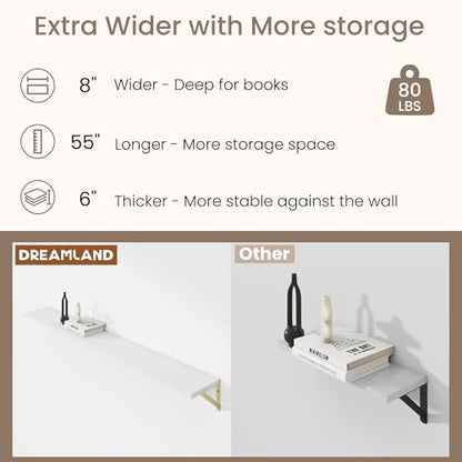 Dreamland Wall Mounted Floating Shelves Set of 2, 55x8, White&Gold | Engineered Wood, Visible Bracket, Large Storage, Hold Up to 80lbs, Living Room, Bathroom, Bedroom, Kitchen - color: White&gold, size: 55"W x 8"D