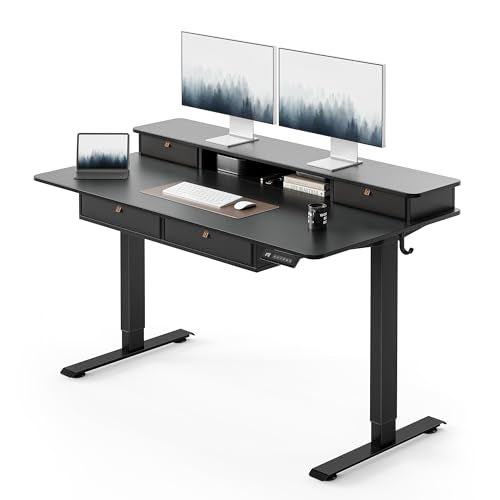 FEZIBO 48 x 24 inch Standing Electric Desk with Drawers, Black | Height Adjustable Workstation, Computer Sit Stand Up Office Table with Large Storage Shelf, 4 Drawers and 2 Hooks - color: Black, size: 48 inch without Keyboard Tray