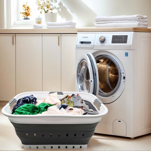 SAMMART 42L (11 gallon) Collapsible Plastic Laundry Basket - Foldable Pop Up Storage Container/Organizer - Portable Basket - Space Saving Hamper/Basket (2, White/Dark Grey) - color: White/Dark Grey