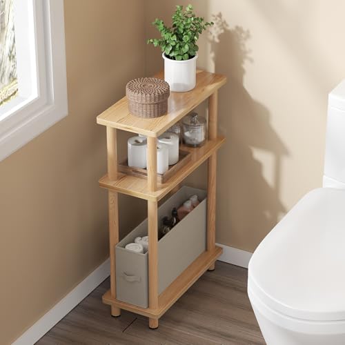 Apicizon Narrow Side Table with Fabric Basket, 3-Tier End Table, Natural | Sofa Side Table, Wood Storage Shelf, Slim Nightstand, Skinny Bedside Table for Narrow Spaces, Living Room, Bedroom - color: Natural, style: Narrow Side Table with Basket