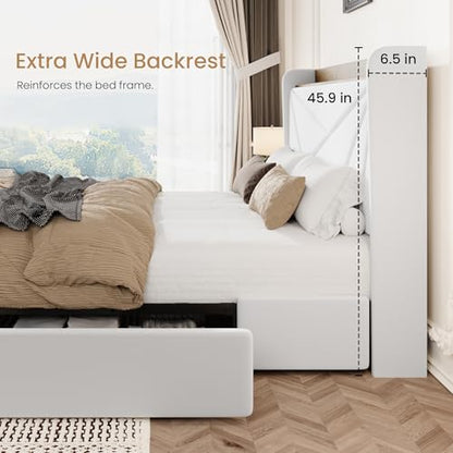 SHA CERLIN Queen Bed Frame, Storage Headboard with Drawers, Charging, White | Velvet Upholstered Bed, Modern Wingback Headboard, 3 Drawers, USB Charging Station, No Box Spring Needed, Easy Assembly - color: White, size: Queen