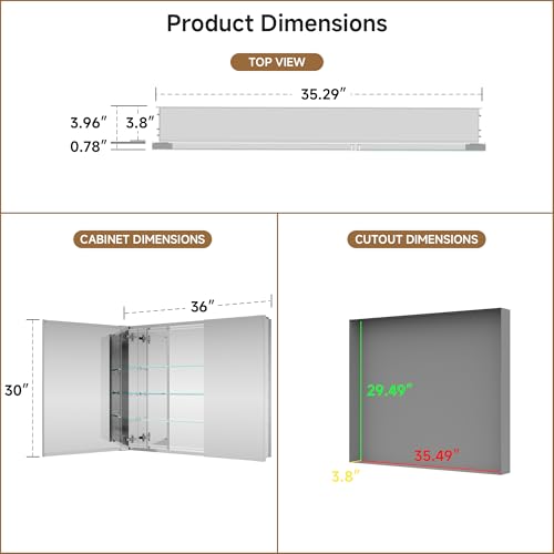 36" x 30" Bathroom Medicine Cabinet with Mirror, Recessed or Wall Mount | Medicine Cabinets with Adjustable Glass Shelves, Soft-Closed Hinge, Chrome Aluminum Frame, Reverse Installation - size: 36" x 30"