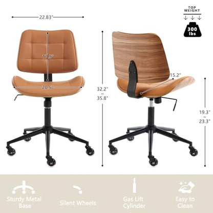 Home Office Desk Chair with Rubber Wheels, Armless Bentwood, Brown | Adjustable Height Armless Office Chair, PU Leather Mid Back 360°Small Computer Chair, No Arms Walnut Seating, 300LBS Support - color: Brown, size: Standard Style