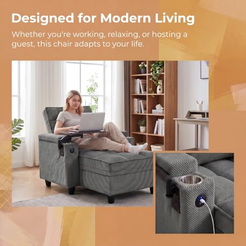 Convertible Sleeper Chair, Pull Out Sofa Bed with Adjustable Backrest & Hidden Storage Armrest, Single Sofa Recliner with USB Charging Port & Cup Holders for Living Room, Bedroom, Dark Gray - color: C-dark Gray-eb