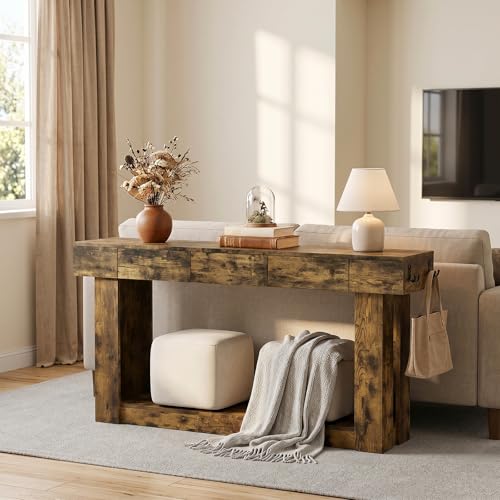 63'' Console Table with 3 Drawers and Open Storage, Entryway Table with Socket, LED Light and Hooks, Narrow Long Wood Sofa Table Behind Couch Table for Living Room, Hallway, Foyer, Brown - size: 63'' IN