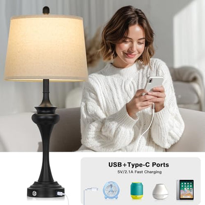 Rinweey 30" Black Tall Table Lamps for Living Room, Touch Control Bedside Lamp with USB A+C Ports, 3-Way Modern Bedroom Table Lamps Set of 2, Elegant Metal Lamp for Nightstand Desk Side Table Office - color: Black-30”H