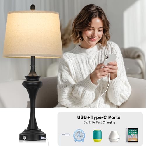 Rinweey 30" Black Tall Table Lamps for Living Room, Touch Control Bedside Lamp with USB A+C Ports, 3-Way Modern Bedroom Table Lamps Set of 2, Elegant Metal Lamp for Nightstand Desk Side Table Office - color: Black-30”H
