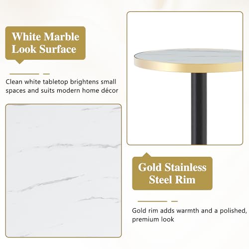 TesNus 23.6" Small Round Dining Table for 2, Circle Tulip Table, Faux Marble Top with Black Metal Pedestal Base, Modern Leisure Coffee Table for Small Spaces, Cafe, Office, White&Black - color: White Top&black Base