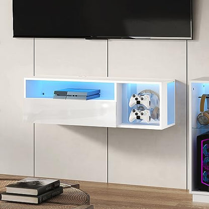 DlandHome 39.3" W Floating TV Stand with LED, Wooden Entertainment Center | Wall-Mounted Media Console, Floating Shelf for Under TV Wall Mount with Storage Shelves for Bedroom Living Room, White - size: 39.3'' White