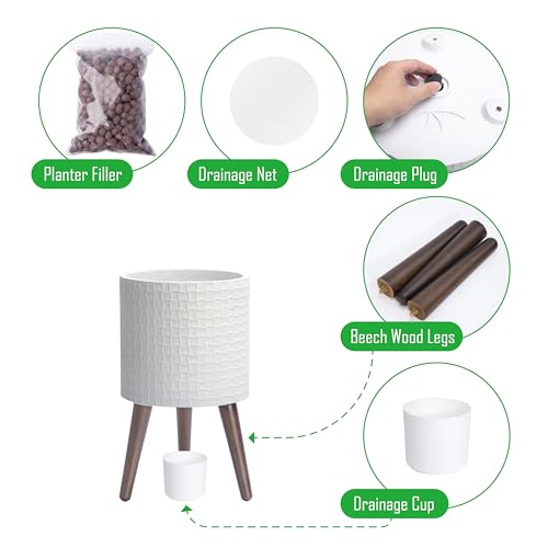 D'vine Dev Planter Pot with Wood Stand, 10 in, Matte White, 88-Z-B-1 | Mid-Century Modern Style, Elevated Plant Display, Drainage Hole and Plug, Functional & Stylish, Modern Indoor Planter - color: Matte White, size: Medium