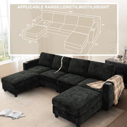 110" Convertible U-Shape Couch with 2 Flexible Ottomans, Black | Soft Sectional Sofa with Durable Cup Holders, Chenille 4 Seater Sofa with Well-Filled Backrest for Living Room, House - color: Black, size: 110" U-Shape