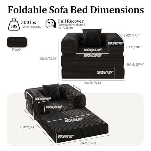Single Couch Sofa for Small Spaces 2 in 1 Convertible Sleeper Sofa to Lounger Comfy Bean Bag Chair for Adults Removable Cover with Pillows for Bedroom, Apartment, Office, Black, 35.43" Single Sofa - color: Black, size: 35.43" Single Sofa