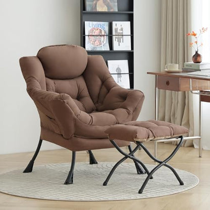 Lazy Chair with Ottoman, Comfy Accent Reading Chair, Dark Brown | Foldable Footrest,Removable Cover,with Armrests and Side Pockets,Upholstered Lounge Chair for Bedroom,Dorm,Office,Small Space - color: Dark Brown