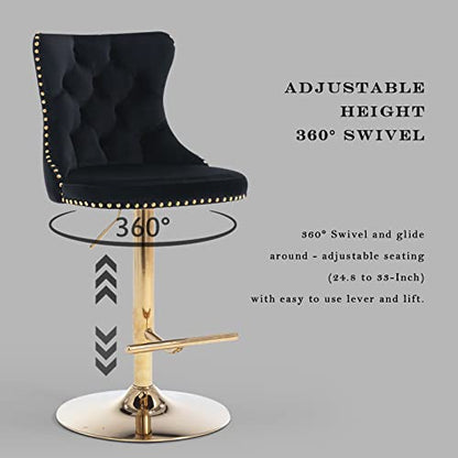 Velvet Bar Stool Set of 2, Adjustable Swivel Bar Stools with Gold Plated Metal Leg, Button Tufted, Footrest, Chrome Nailhead, Counter Height Chair for Kitchen, Bar, Dining Room (Black) - color: Black-gold Leg, size: Set of 2